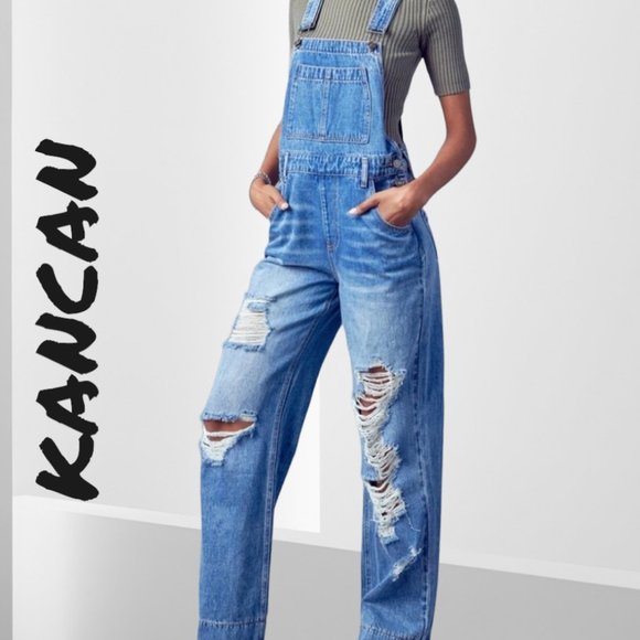 KanCan Blue Distressed Denim Overalls - Picture 1 of 4